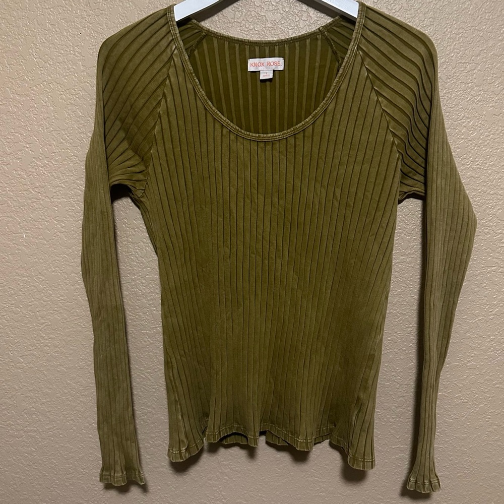 Knox Rose T-Shirt Womens L Large Ribbed Long-Sleeve Stretch Olive Green